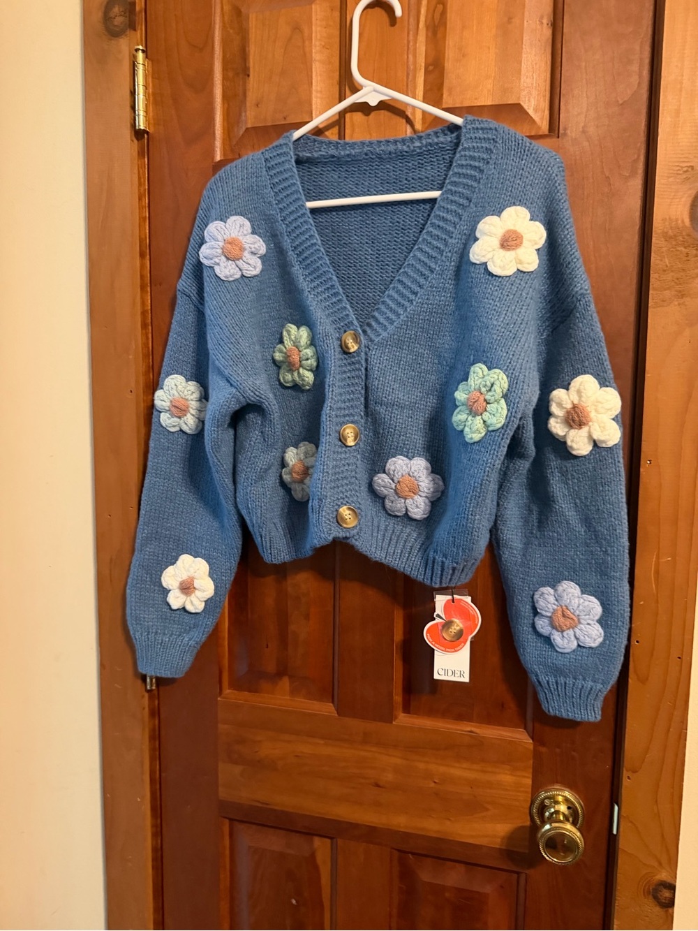 Cider Blue Cropped Cardigan with Crochet Flower Appliqués